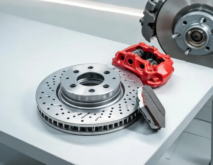 Bosch brake rotor, caliper and pad set on a clean workshop bench