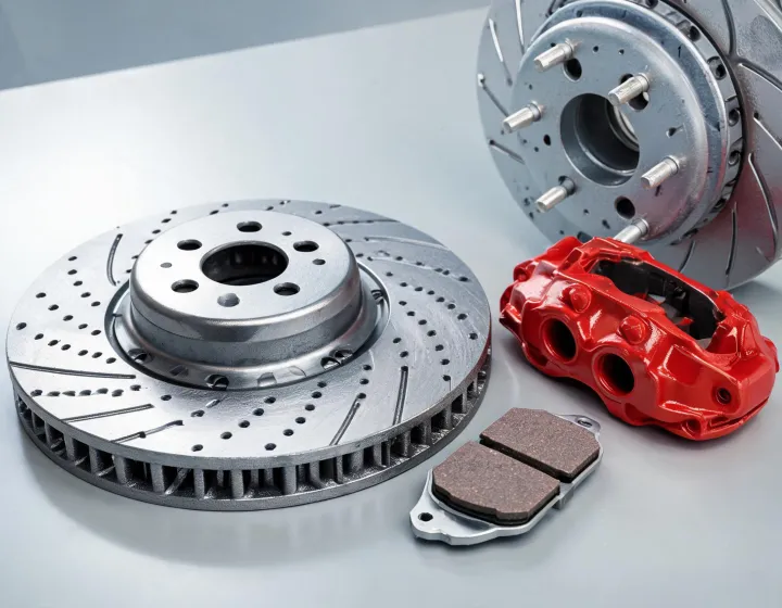 Bosch brake rotor, caliper and pad set on a clean workshop bench